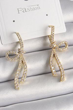 Pirinç Gold Renk Zirkon Taşlı Kurdele Model Kadın Küpe - EBJ241228W30198
