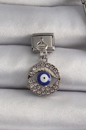 Gümüş Renk Sallantı Zirkon Taşlı Göz Model Nazar Boncuk Detay Nomination Charm - EBJ250113W30344