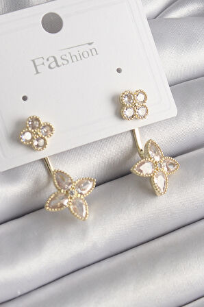 Pirinç Gold Renk Zirkon Taşlı Yonca Model Kadın Küpe - EBJ250113W30489