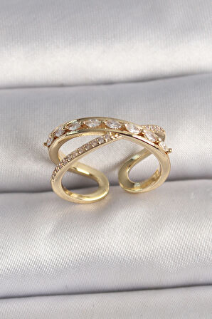Pirinç Gold Renk Zirkon Taşlı Ayarlanabilir Kadın Yüzük - EBJ250113W30597
