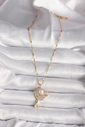 316L Gold Renk Zirkon Taşlı Ay Yıldız Model Sallantı Detay Kadın Kolye - EBJ250118W30733