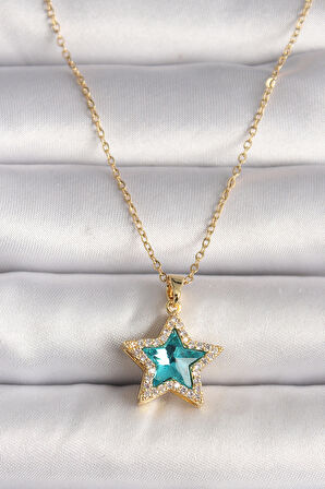 Gold Renk Zirkon Taşlı Mavi Yıldız Model Kadın Kolye - EBJ250118W30754