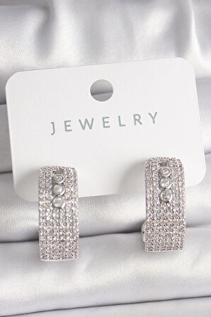 Pirinç Gümüş Renk Zirkon Taşlı Halka Messika Model Kadın Küpe - EBJ250118W30655