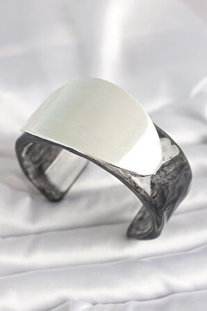 Siyah Mermer Desen Akrilik Plastik Gümüş Oval Plaka Model Vintage Kadın Bilezik - EBJ250201W30886