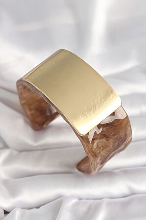 Kahverengi Mermer Desen Akrilik Platik Gold Dikdörtgen Plaka Model Vintage Kadın Bilezik - EBJ250201W30899