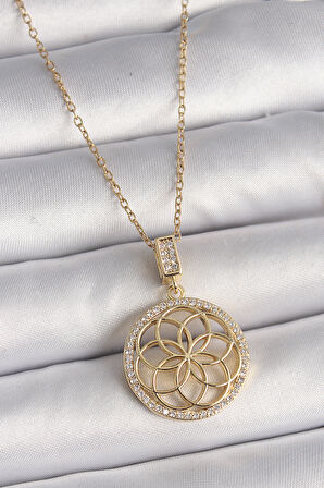 Gold Renk Zincir Zirkon Taşlı Lotus Model Kadın Kolye - EBJ250201W30820