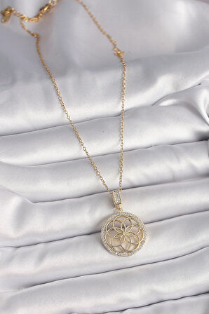 Gold Renk Zincir Zirkon Taşlı Lotus Model Kadın Kolye - EBJ250201W30820