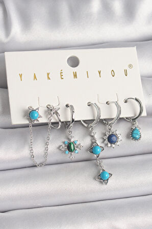 Pirinç Gümüş Renk Zirkon Taş Detaylı Mavi Boncuklu Çiçek Model VIP Seri Kadın Küpe Kombini - EBJ250201W30929