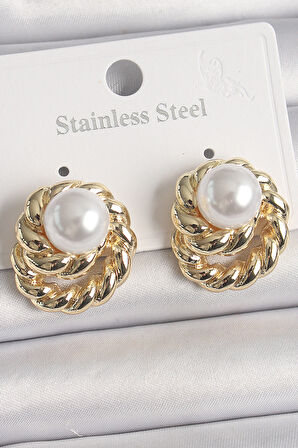 Pirinç Gold Renk İncili Sarmal Burgu Model Kadın Küpe - EBJ250201W30947