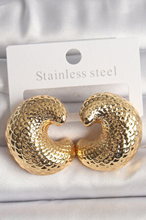 Pirinç Gold Renk Yılan Sırtı İşlemeli Yarım Halka Model Kadın Küpe - EBJ250207W31205