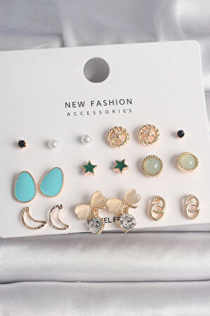 Pirinç Gold Renk Zirkon Taşlı Fiyonk Hilal Figür 9 Çift Kadın Küpe Seti - EBJ250207W31227