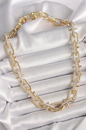 Pirinç Gold Renk Zirkon Taşlı Dikenli Halka Model VIP Exculusive Seri Kadın Kolye - EBJ250301W31347