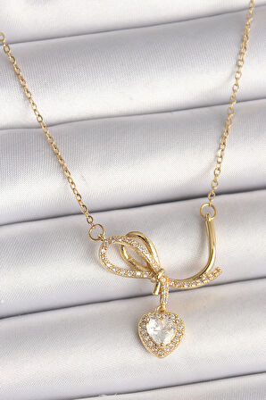 Gold Renk Zincir Zirkon Taşlı Düğüm Sallantı Kalp Model Kadın Kolye - EBJ250301W31351