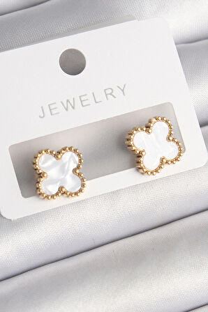 Gold Renk Beyaz Minelik Yonca Model Kadın Küpe - EBJ250301W31470