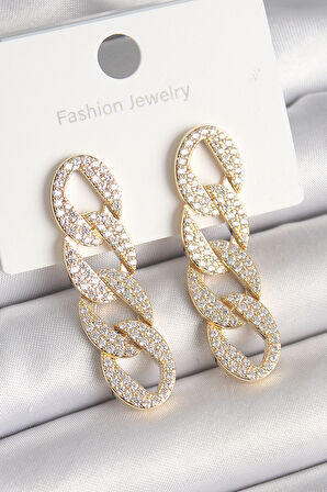 Pirinç Gold Renk Zirkon Taşlı Zincir Model Kadın Küpe - EBJ250301W31475
