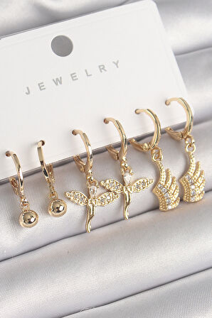 Pirinç Gold Renk Sallantı Zirkon Taşlı Melek Model Kanat Detay Kadın Küpe Seti - EBJ250301W31565