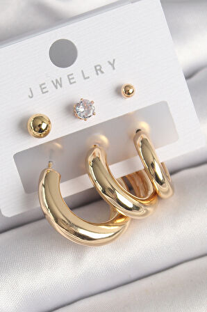 Pirinç Gold Renk Halka Model Zirkon Taşlı Topçuk Detay Kadın Küpe - EBJ250301W31579