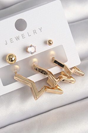 Pirinç Gold Renk Yıldız Model Zirkon Taşlı Topçuk Detay Kadın Küpe Seti - EBJ250301W31589