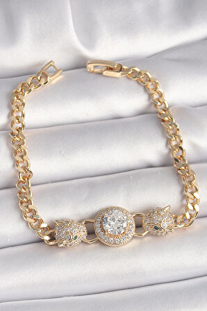 Pirinç Gold Renk Zirkon Taşlı Leopar Figür Zincir Model Kadın Bileklik - EBJ250308W31937