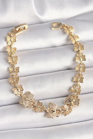Pirinç Gold Renk Zirkon Taşlı Kelebek Model Zincir Kadın Bileklik - EBJ250308W31943