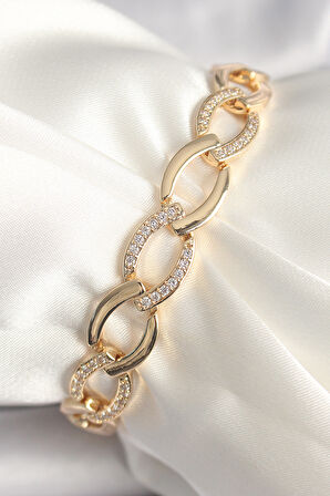 Pirinç Gold Renk Zirkon Taşlı Oval Zincir Model Kadın Bileklik - EBJ250308W31956