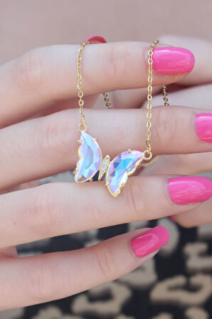 Gold Renk Kristal Kelebek Model Kadın Kolye - EBJ250308W31854
