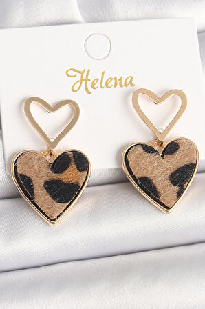 Pirinç Gold Renk Sallantı Leopar Kalp Model Kadın Küpe - EBJ250315W32079