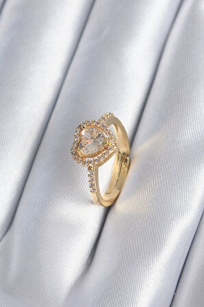 Pirinç Gold Renk Zirkon Taşlı Kalp Charm Model Kadın Yüzük - EBJ250327W32371