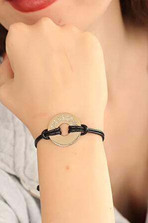 FREEDOM (Özgür) Siyah Deri İpli Unisex Mood Bileklik - EBJ250329W32443