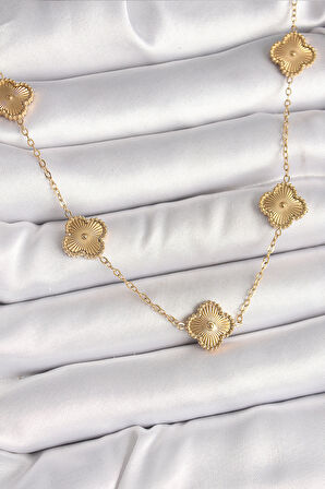 Gold Renk Zincir İşlemeli Yonca Model Kadın Kolye - EBJ250412W32547