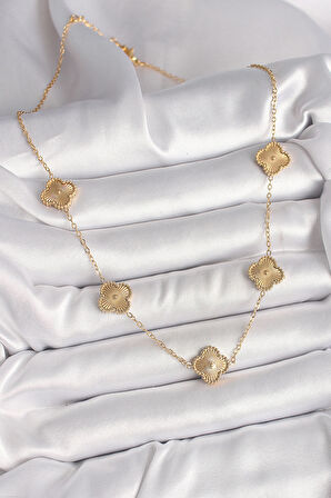 Gold Renk Zincir İşlemeli Yonca Model Kadın Kolye - EBJ250412W32547