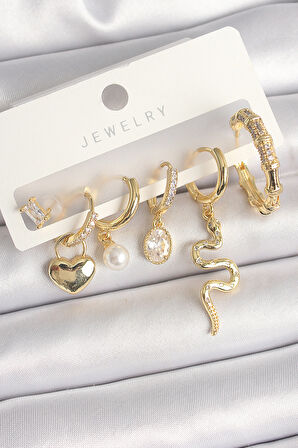 Pirinç Gold Renk Sallantı Yılan Model Zirkon Taşlı Halka Kilit Kalp Detay Kadın Küpe Seti - EBJ250412W32569
