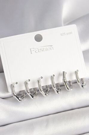 925 Ayar Gümüş Çivi Pirinç Gümüş Renk Bambu Halka Model Kadın Küpe Seti - EBJ250412W32701