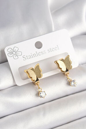 Gold Renk Sallantı Zirkon Taş Detaylı Simli Kelebek Model Kadın Küpe - EBJ250412W32713