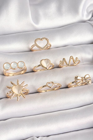 Pirinç Gold Renk Beyaz Mineli Kalp Model Kurdele Detay Kadın Küpe Seti - EBJ250412W32496