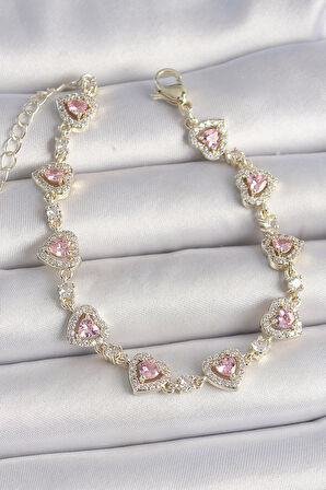 Pirinç Gold Renk Pembe Zirkon Taşlı Kalp Model VIP Seri Kadın Bileklik - EBJ250501W33109