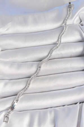 Pirinç Gümüş Renk Su Yolu Zirkon Taşlı Model Kadın Bileklik - EBJ250501W33119