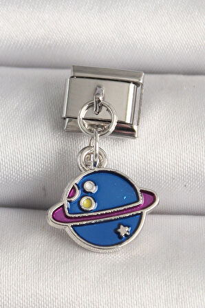 Gümüş Renk Mavi Satürn Model Nomination Charm - EBJ250501W32852