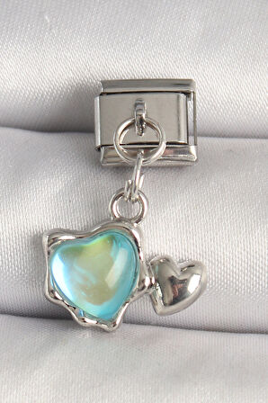 Gümüş Renk Mavi Mineli Kalp Model Nomination Charm - EBJ250501W32942