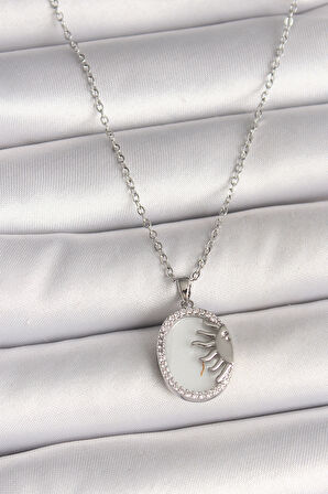 Gümüş Renk Zincir Beyaz Mineli Gün Batımı Model Zirkon Taş Detaylı Kadın Kolye - EBJ250501W32781