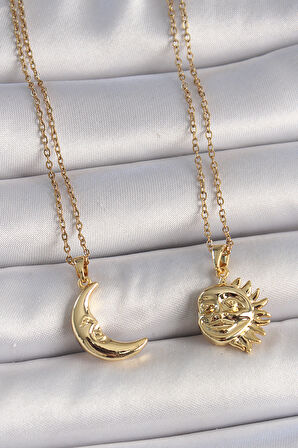 Gold Renk Ay Güneş Model Arkadaşlık Kadın Kolye - EBJ250501W33565