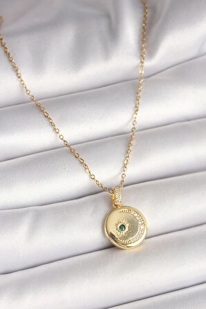Gold Renk Zincir Zirkon Taş İşlemeli Hilal Yıldız İşlemeli Madalyon Model Kadın Kolye - EBJ250501W32730