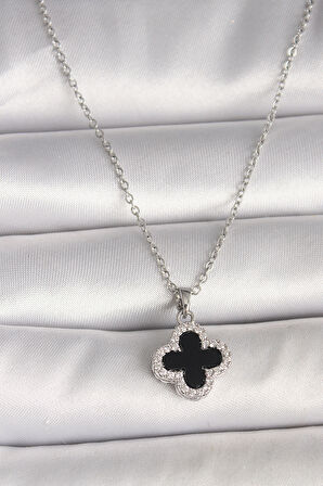 Gümüş Renk Zincir Zirkon Taşlı Yonca Model Kadın Kolye - EBJ250501W32769