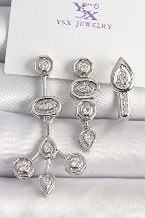 Pirinç Gümüş Renk Zirkon Taşlı Geometrik Model 3'Lü Kadın Kombin Küpe - EBJ250501W33124