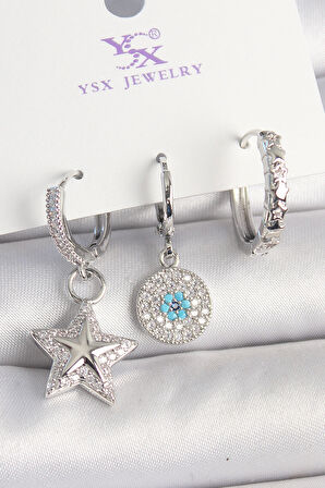 Pirinç Gold Renk Zirkon Taşlı Yıldız Model Nazar Boncuk Detay 3'Lü Kadın Kombin Küpe - EBJ250501W33136