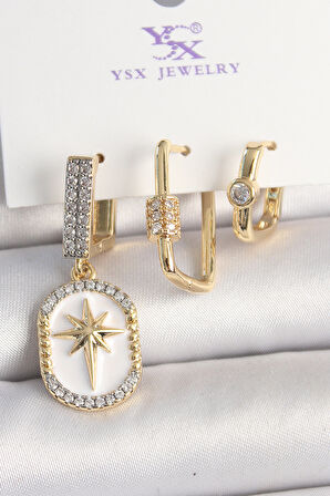 Pirinç Gold Renk Sallantı Zirkon Taş İşlmeli Yıldız Portre Model 3'Lü Kadın Kombin Küpe - EBJ250501W33142