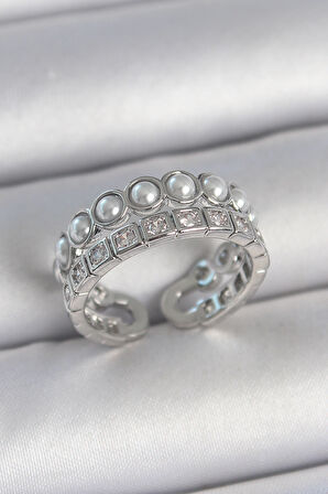 Pirinç Gümüş Renk 2'Li Sıra Zirkon Taşlı Ve İncili Ayarlanabilir Kadın Yüzük - EBJ250501W33614