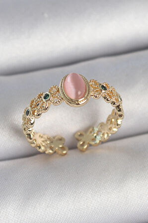 Pirinç Gold Renk Zirkon Taş Detaylı Pembe Mineli Damla Model Ayarlanabilir Kadın Yüzük - EBJ250501W33619