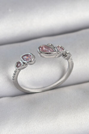 Pirinç Gümüş Renk Pembe Damla Zirkon Taşlı Ayarlanabilir Model Kadın Yüzük - EBJ250501W33628