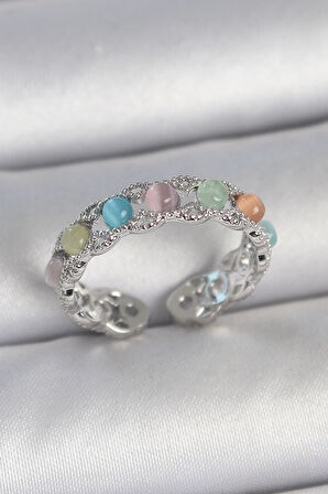 Pirinç Gümüş Renk Renkli Mineli Ayarlanabilir Kadın Yüzük - EBJ250501W33640